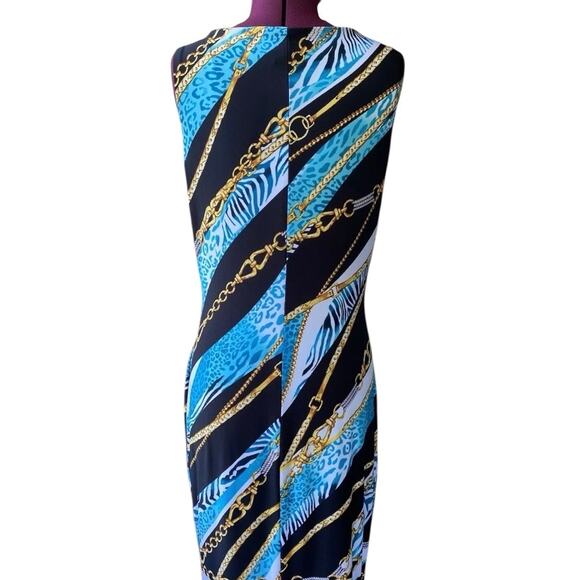 CACHE Size 12 Blue Blk Gold Chain Cheetah Print Fitt Dress Lined Sleeveless Sexy - Picture 2 of 8